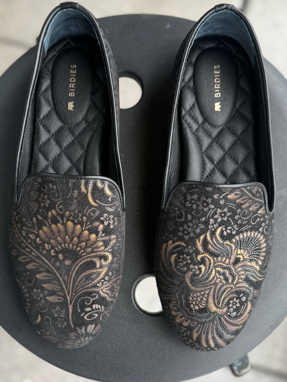 Birdies Women's Black & Gold Embroidered Slip-On Loafers sz 7
